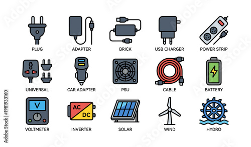 Electrical components set: plugs, chargers, power sources, renewable energy icons