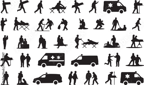 Emergency medical services personnel in various rescue situations isolated on white background