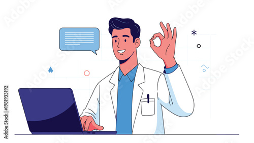 Professional doctor in a white coat at his laptop gives an ok hand sign and smiles confidently with a speech bubble above.