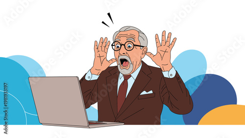 Terrified elderly businessman in a brown suit looks at his laptop with wide eyes and open mouth showing extreme shock.