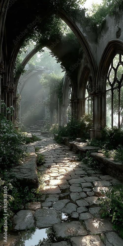 Obraz premium Abandoned stone pathway leads through ancient arches into a serene overgrown garden with lush vegetation and natural light filtering through