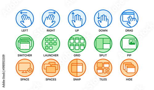User interface gestures and controls icons for touch and screen navigation