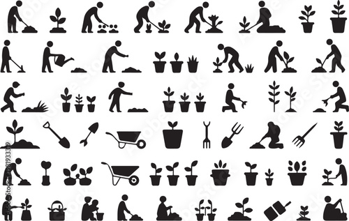 A collection of black silhouettes depicting various gardening activities isolated on white background