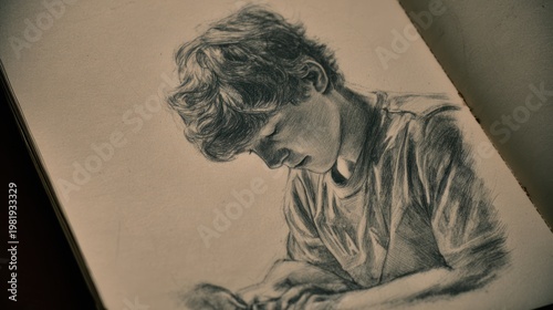Charcoal sketch of a young person with downcast eyes, drawn on aged paper