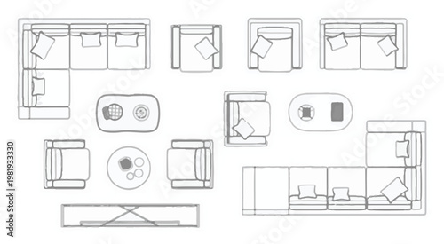 Furniture Layout Icons Top View Keywords: sofa, couch, armchair, coffee table, side table