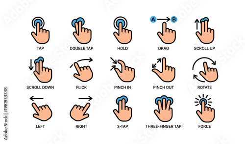 Hand gestures guide for touchscreen navigation: tap, drag, pinch, rotate, scroll