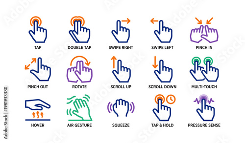 Gesture icons set for touchscreen devices including swipe, pinch, and rotate