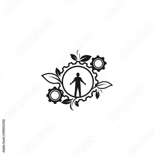 Humanity and Industry Synergy: Gears, Leaves, and Human Silhouette Logo
