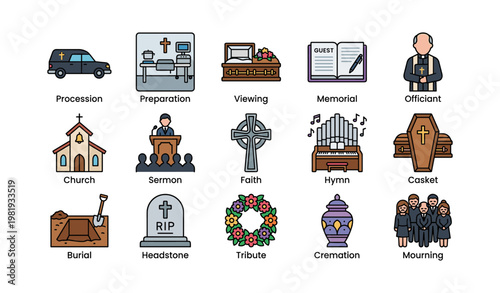 Funeral icons set with memorial objects and activities