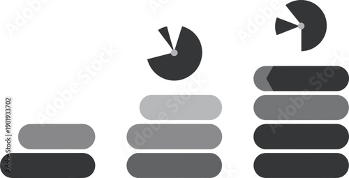 Business growth charts showing ascending bar stacks with circular data analysis icons for financial planning presentations
