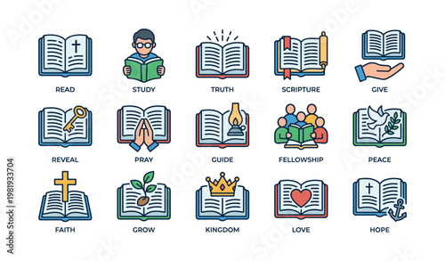 Illustrated icons of bible concepts including study, prayer, peace, and faith
