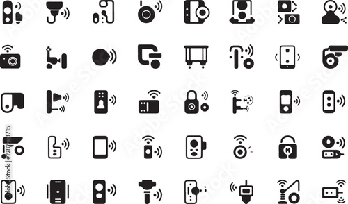 A collection of black and white icons representing various smart home devices isolated on white background