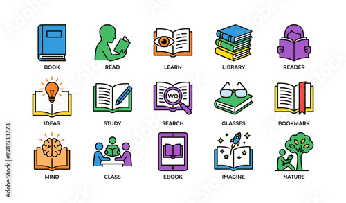 Colorful icons of educational concepts and activities featuring books and learning tools