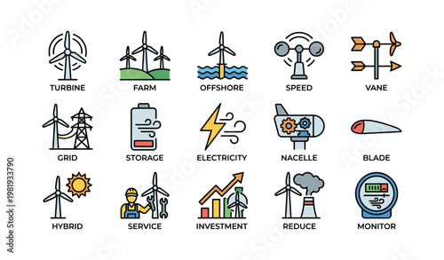 Wind energy icons: turbine, offshore, electricity, storage, monitor, hybrid