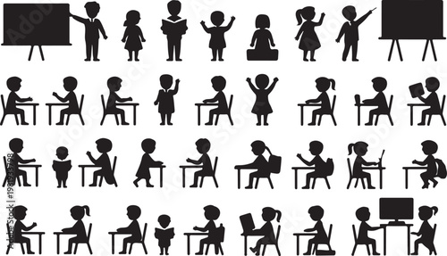 A group of children in a classroom with desks and a blackboard isolated on white background