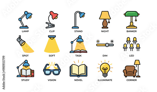 Colorful lamp collection: desk, night, task, study, soft lighting design variety