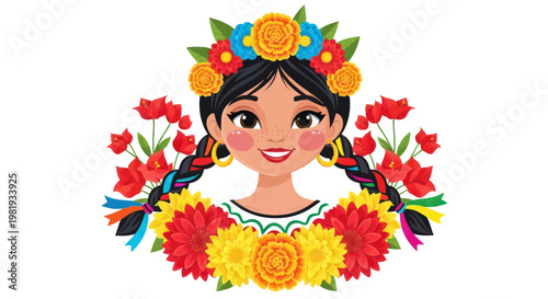 Mexican Girl with Flower Crown and Braids