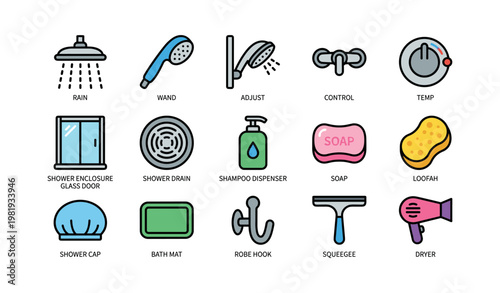 Illustrated bathroom accessories set with shower, soap, loofah, dispenser, and more icons