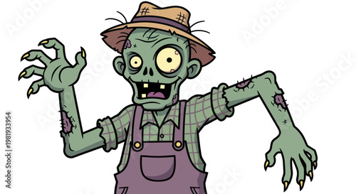Scary Cartoon Zombie Farmer with Straw Hat and Overalls