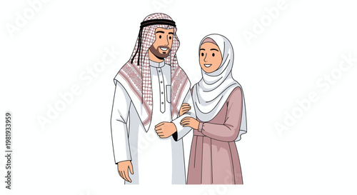 Smiling Arab Couple, Man and Woman, Traditional Islamic Attire, White Background
