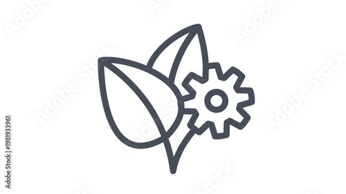 Eco-friendly technology vector icon featuring two leaves and a gear symbol, representing sustainable engineering, green industry, environmental innovation, and clean energy solutions.