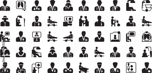 A collection of black and white icons depicting medical professionals isolated on white background