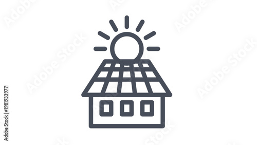 Solar energy house icon vector illustration. Black silhouette symbol of a residential building with solar panels on the roof and a sun, representing renewable energy and eco-friendly living.