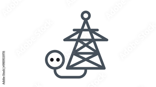 Quadro em tela Minimalist black vector icon of a high-voltage transmission tower connected to an electrical plug, representing power supply, energy infrastructure, electricity distribution, and utility services