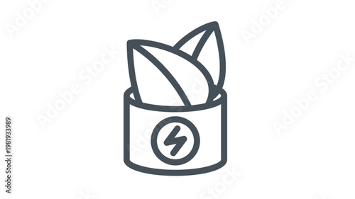 Green energy vector icon illustration featuring a battery or power cell with a lightning bolt symbol and two leaves growing out of it, representing sustainable renewable electricity and ecology.