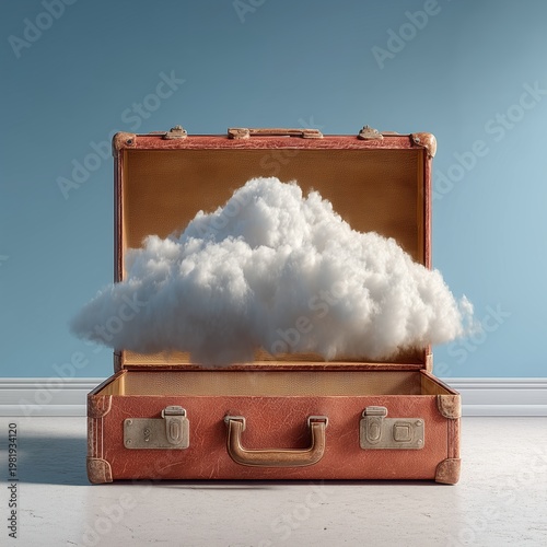Conceptual dream travel and imagination with cloud in luggage