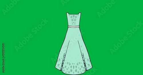 Digital animation of multiple female dress icons floating against black background