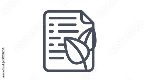 Eco-friendly document vector icon with leaves, representing green reporting, sustainable business practices, environmental documentation, and recycled paper concept illustration on white.