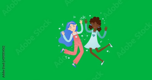 Digital animation of two diverse girls dancing icons against black background