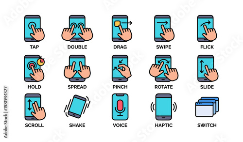 Touchscreen gestures: tap, swipe, pinch, rotate, hold, voice commands, haptic, slide, shake, drag