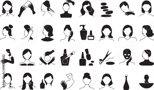 A collection of black and white icons of people getting their hair cut and styled isolated on white background