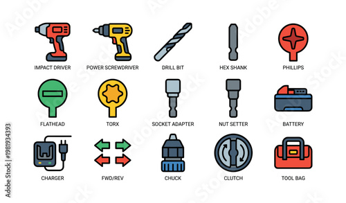 Colorful power tool icons: drill bit, screwdriver, battery, clutch, tool bag