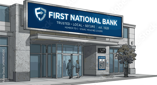 Create a realistic Bank sign on building vector art with white background.