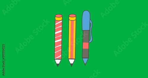 Digital animation of three pen set icons against black background