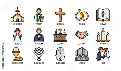 Wedding icons set featuring bride, groom, church, cross, rings, and religious symbols