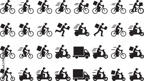 Various delivery people transporting packages on different vehicles isolated on white background