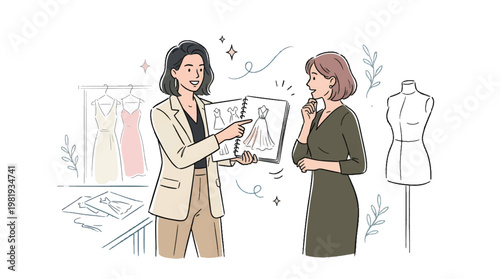 Fashion Designer Consulting Client Elegant Dress Design Doodle Style Vector Illustration