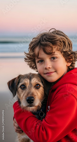 Young boy with curly brown hair in red hoodie hugs a scruffy dog on a beach with pastel sky, symbolizing friendship, companionship, and joy, with free space