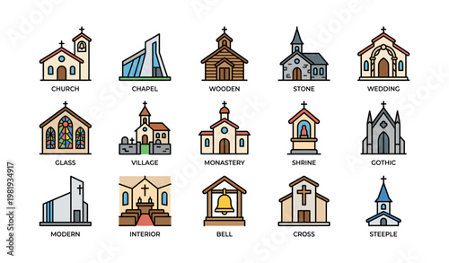 Illustration of various architectural styles of churches and chapels