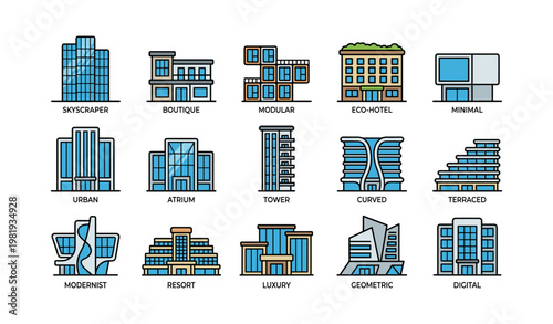 Modern architectural icons representing various building styles and designs