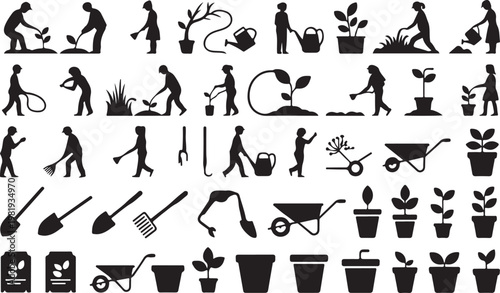 A collection of gardening icons and silhouettes isolated on white background