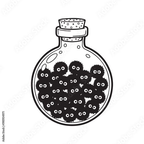 Black and white line art illustration of a glass bottle with a cork stopper filled with cute fuzzy black creatures with big eyes
