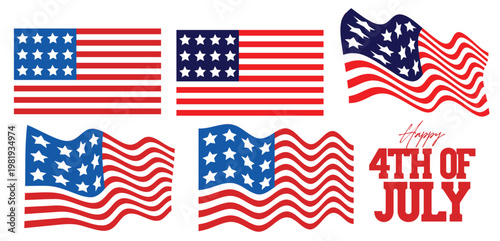American flag wavy and straight designs with stars and stripes for patriotic celebrations and patriotic events featuring happy 4th of july text and holiday themes