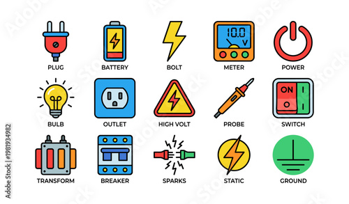 Colorful electrical symbols: plugs, batteries, meters, and more