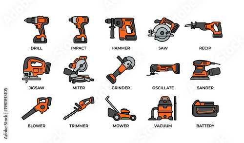 Collection of various power tools including drill, saw, and sander