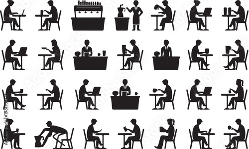 A collection of black silhouettes of people working at desks isolated on white background